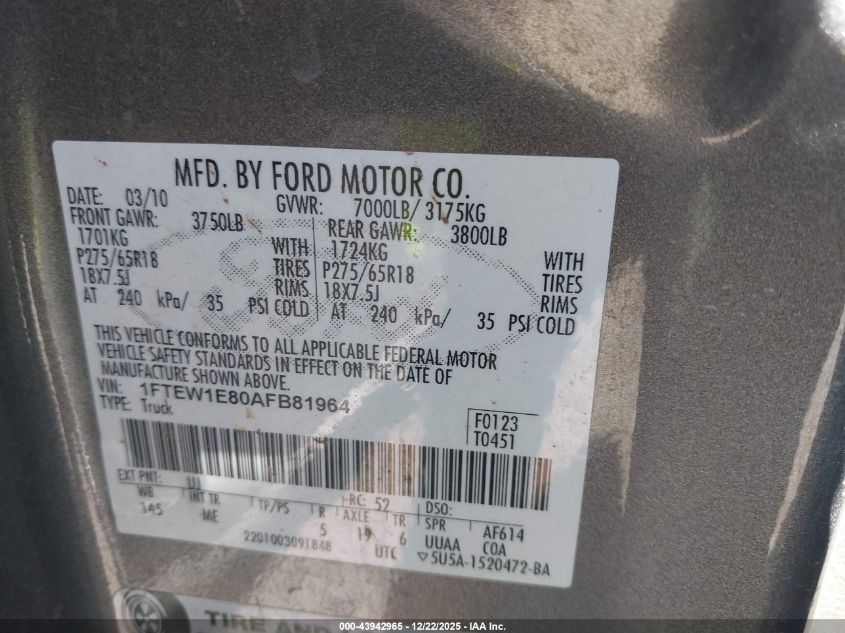 2010 Ford F-150 Xl/Xlt VIN: 1FTEW1E80AFB81964 Lot: 43942965