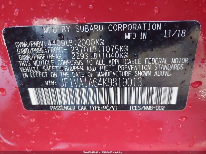 2019 Subaru Wrx VIN: JF1VA1A64K9819013 Lot: 43942966