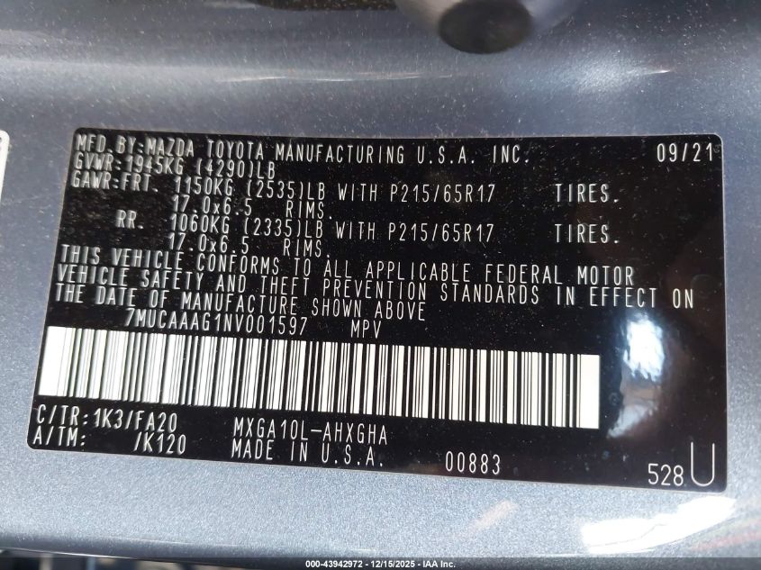 2022 Toyota Corolla Cross Le VIN: 7MUCAAAG1NV001597 Lot: 43942972