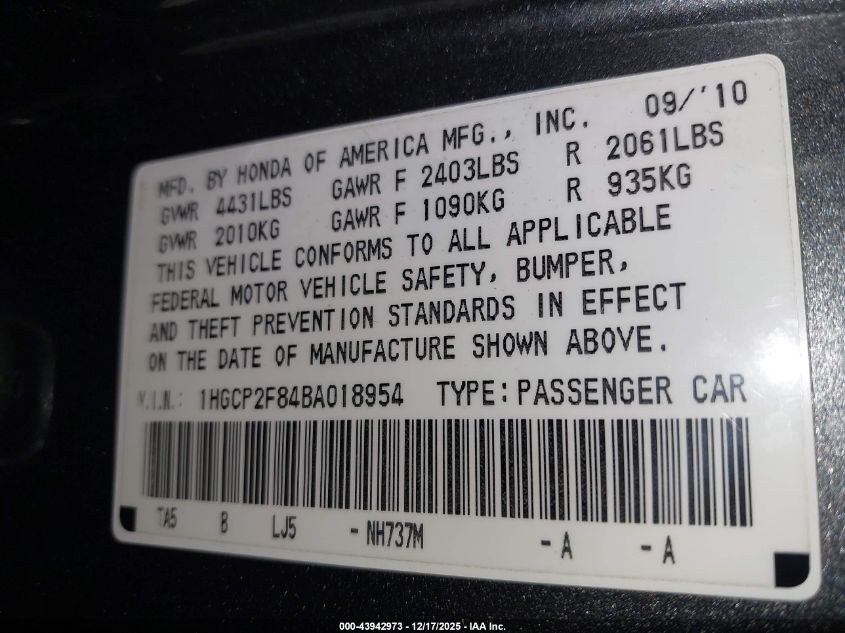 2011 Honda Accord 2.4 Ex-L VIN: 1HGCP2F84BA018954 Lot: 43942973