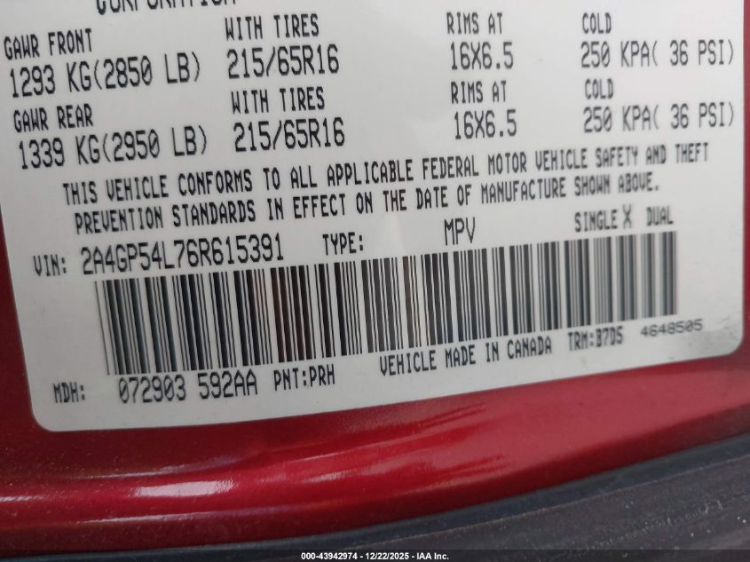 2006 Chrysler Town & Country Touring VIN: 2A4GP54L76R615391 Lot: 43942974