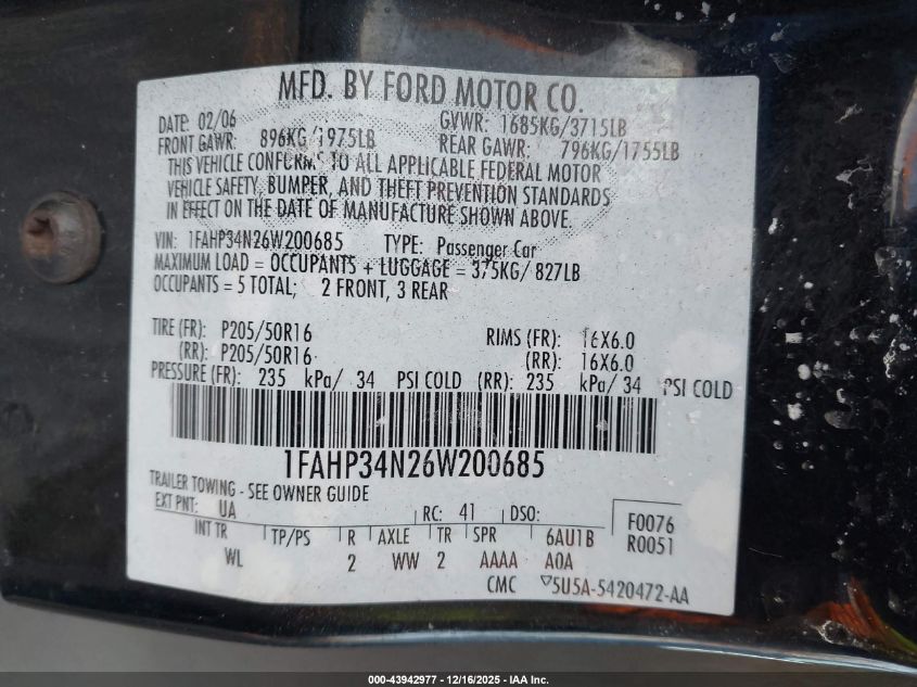 2006 Ford Focus Zx4 VIN: 1FAHP34N26W200685 Lot: 43942977