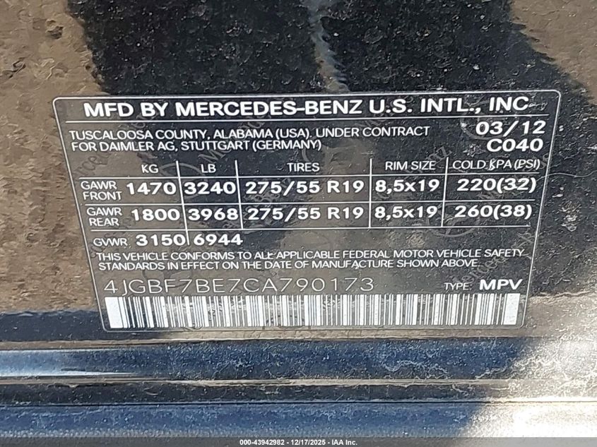 2012 Mercedes-Benz Gl 450 4Matic VIN: 4JGBF7BE7CA790173 Lot: 43942982