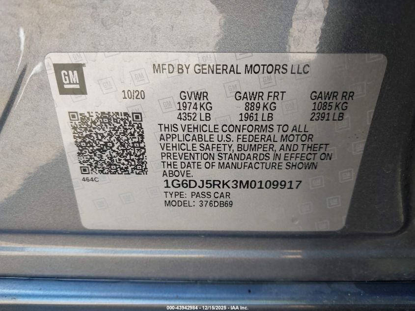 2021 Cadillac Ct4 Luxury VIN: 1G6DJ5RK3M0109917 Lot: 43942984