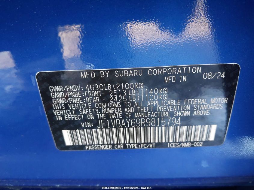 2024 Subaru Wrx Tr VIN: JF1VBAY69R9815794 Lot: 43942986