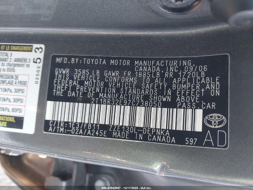 2007 Toyota Corolla Le VIN: 2T1BR32E97C738050 Lot: 43942987