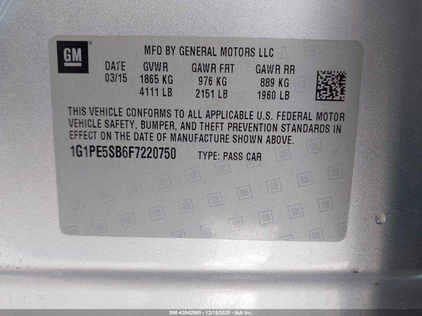 2015 Chevrolet Cruze 2Lt Auto VIN: 1G1PE5SB6F7220750 Lot: 43942989