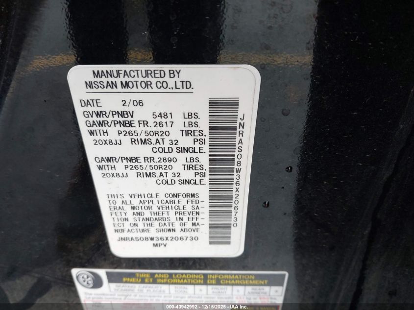 2006 Infiniti Fx35 VIN: JNRAS08W36X206730 Lot: 43942992