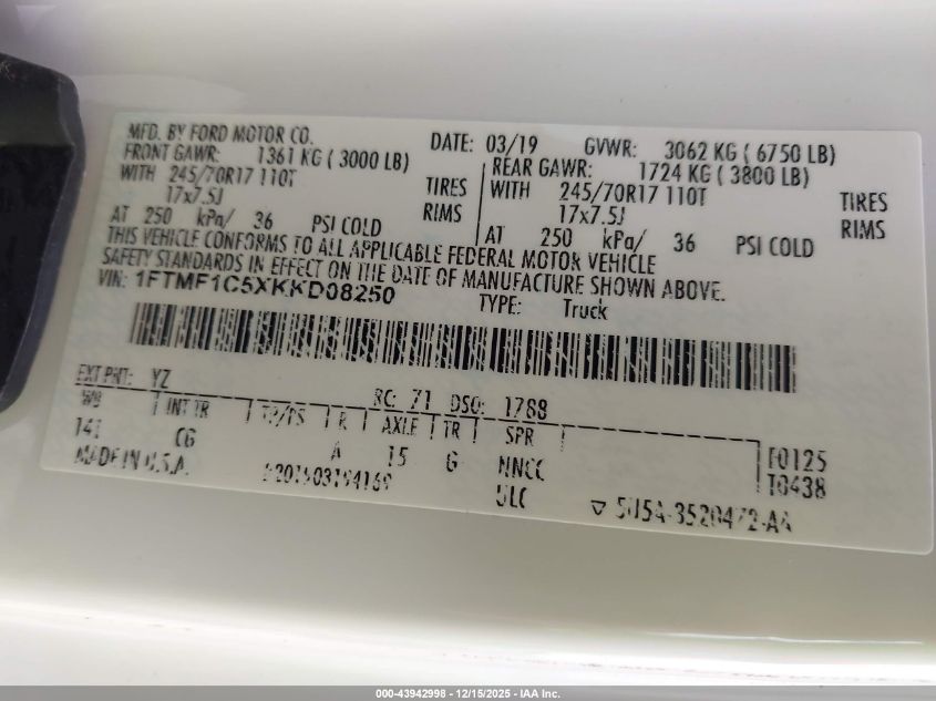 2019 Ford F-150 Xl VIN: 1FTMF1C5XKKD08250 Lot: 43942998