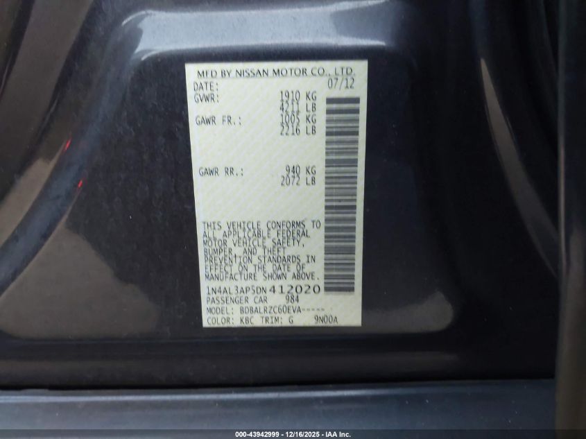 2013 Nissan Altima 2.5 S VIN: 1N4AL3AP5DN412020 Lot: 43942999