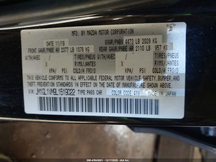 2020 Mazda Mazda6 Touring VIN: JM1GL1VM9L1519022 Lot: 43943001