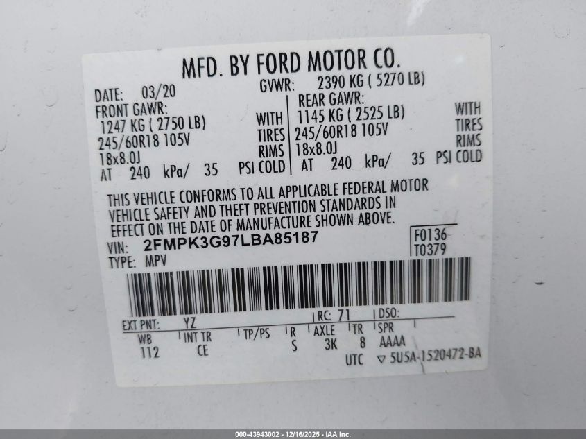 2020 Ford Edge Se VIN: 2FMPK3G97LBA85187 Lot: 43943002