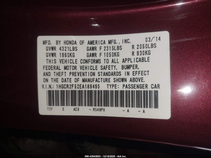 2014 Honda Accord Sport VIN: 1HGCR2F52EA189495 Lot: 43943003