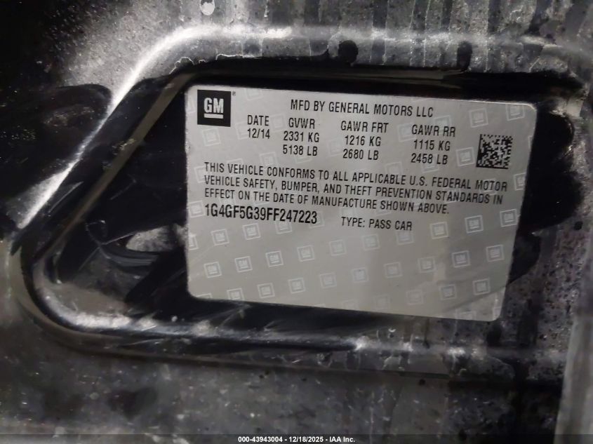 2015 Buick Lacrosse Premium Ii VIN: 1G4GF5G39FF247223 Lot: 43943004