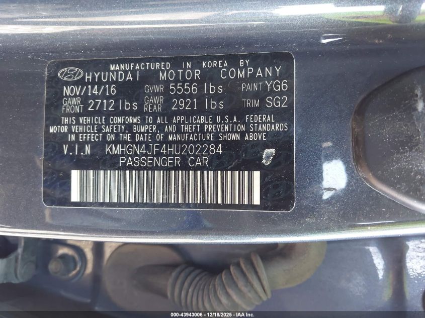 2017 Genesis G80 5.0 Ultimate VIN: KMHGN4JF4HU202284 Lot: 43943006