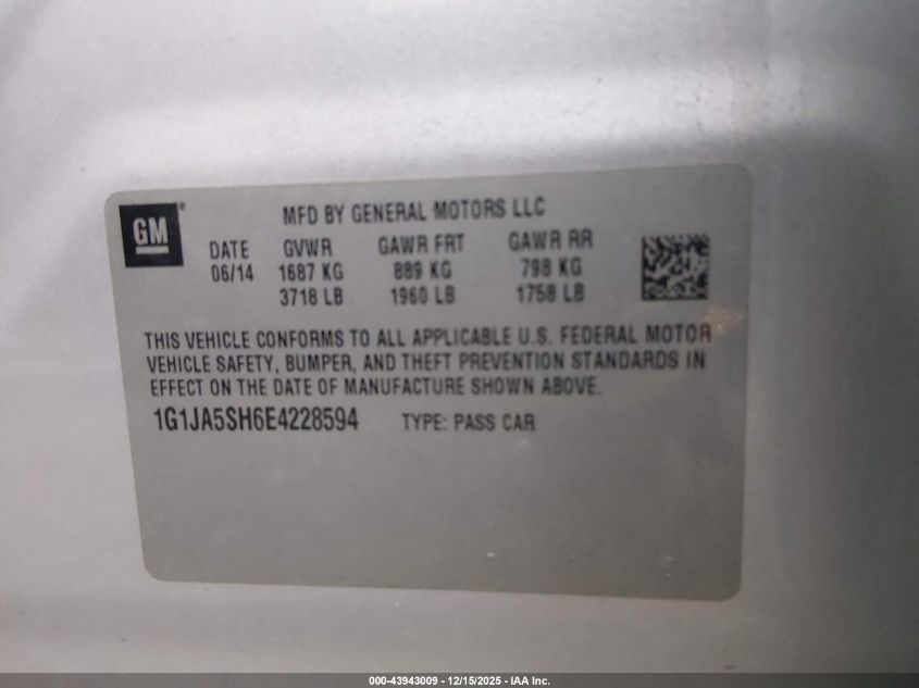2014 Chevrolet Sonic Ls Auto VIN: 1G1JA5SH6E4228594 Lot: 43943009