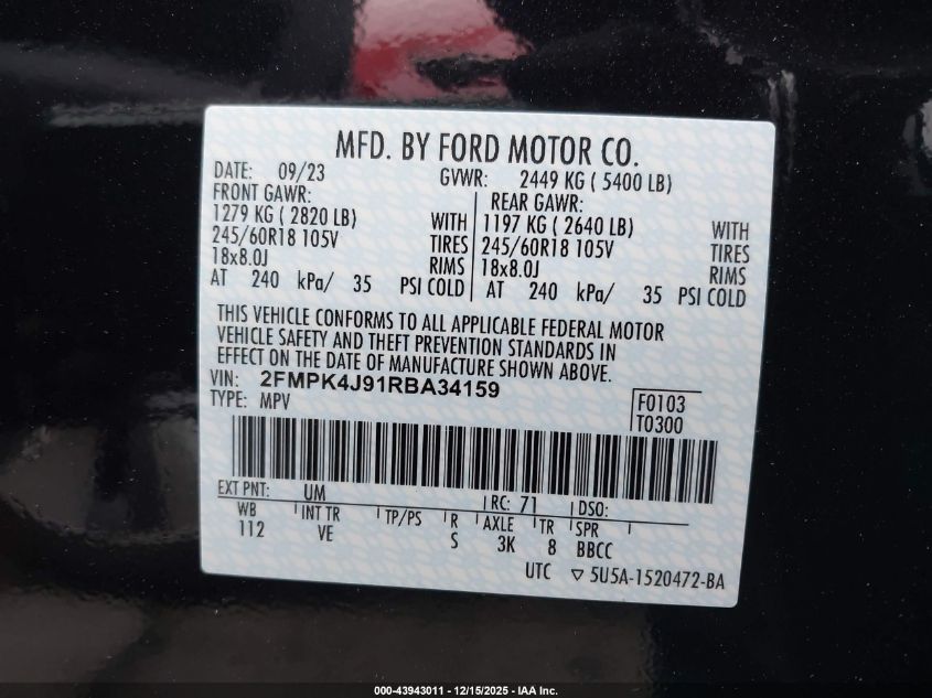 2024 Ford Edge Sel VIN: 2FMPK4J91RBA34159 Lot: 43943011