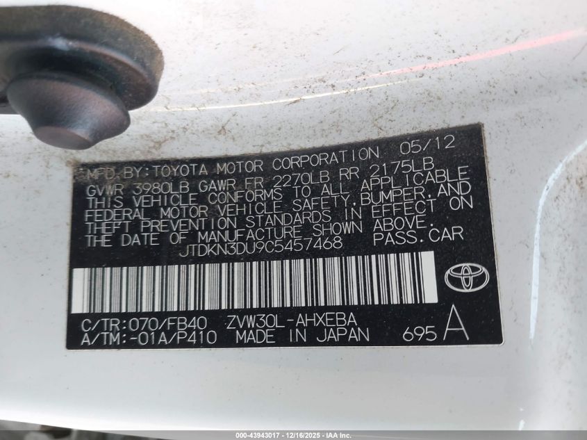 2012 Toyota Prius Three VIN: JTDKN3DU9C5457468 Lot: 43943017