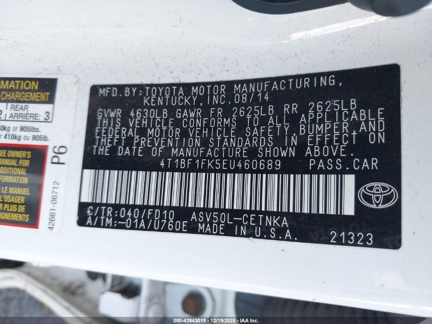 2014 Toyota Camry Le VIN: 4T1BF1FK5EU460689 Lot: 43943019