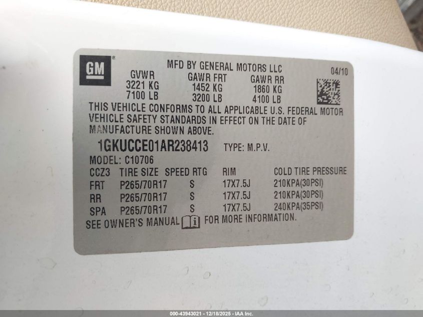 2010 GMC Yukon Slt VIN: 1GKUCCE01AR238413 Lot: 43943021