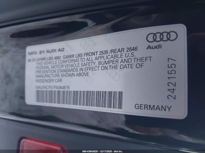 2023 Audi A5 Sportback Premium Plus 45 Tfsi S Line Quattro S Tronic VIN: WAUFACF57PA064615 Lot: 43943029