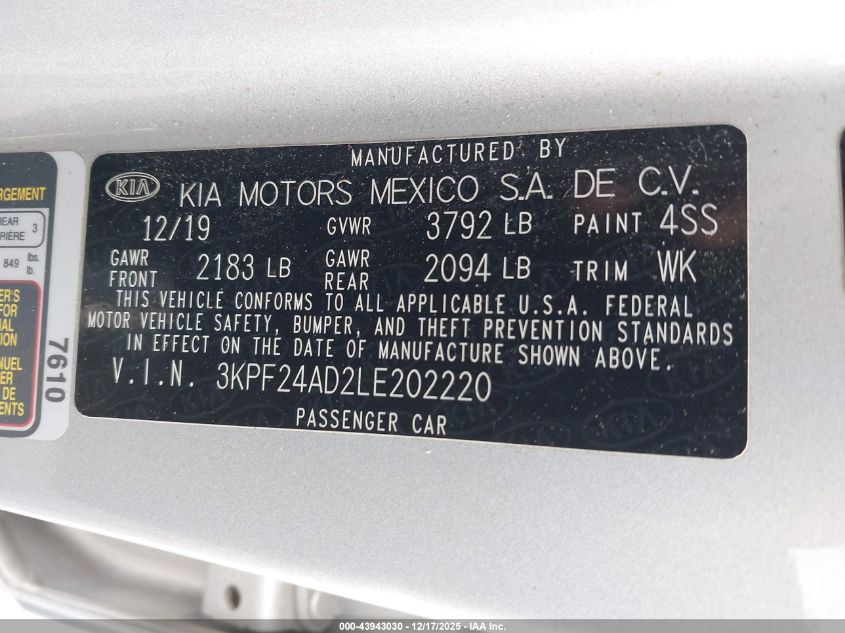 2020 Kia Forte Lxs VIN: 3KPF24AD2LE202220 Lot: 43943030