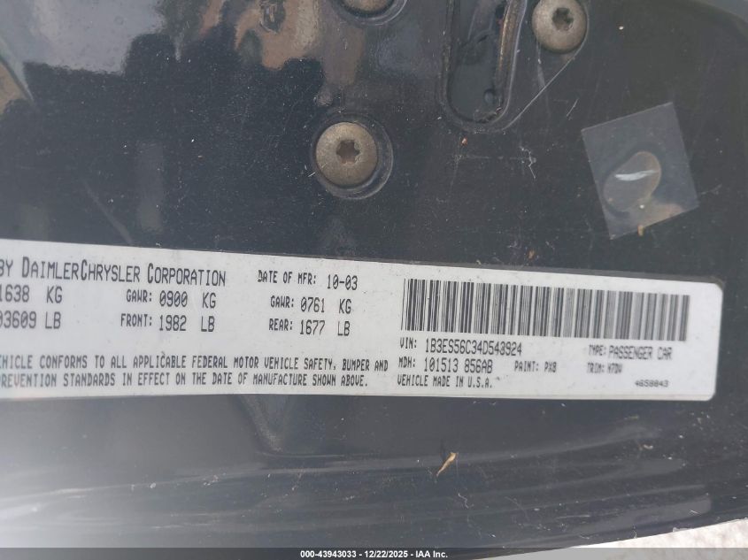 2004 Dodge Neon Sxt VIN: 1B3ES56C34D543924 Lot: 43943033