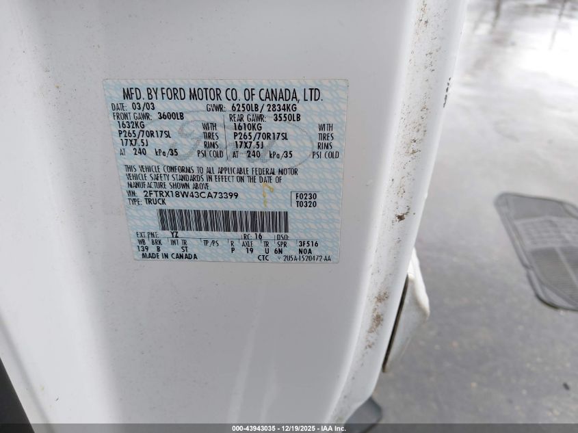 2003 Ford F-150 Lariat/Xl/Xlt VIN: 2FTRX18W43CA73399 Lot: 43943035