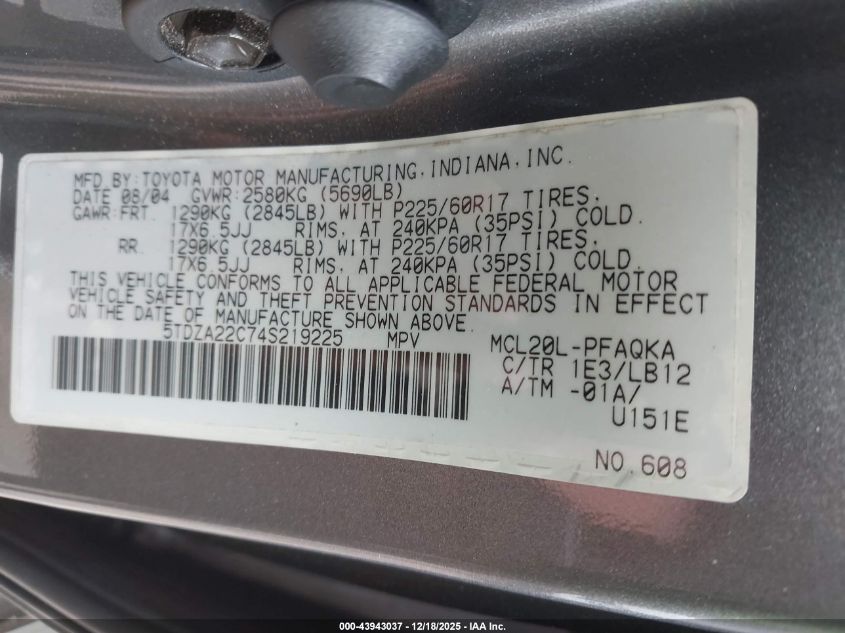 2004 Toyota Sienna Xle VIN: 5TDZA22C74S219225 Lot: 43943037