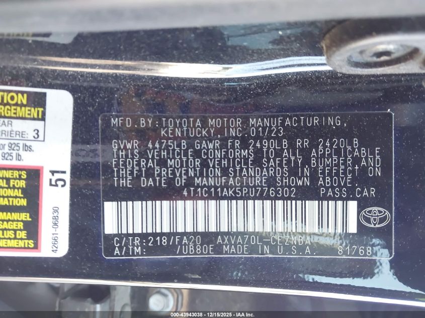 2023 Toyota Camry Le VIN: 4T1C11AK5PU776302 Lot: 43943038