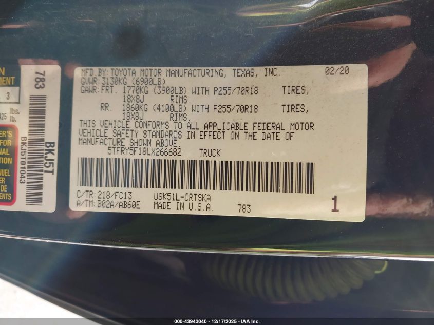 2020 Toyota Tundra Sr5 VIN: 5TFRY5F18LX266682 Lot: 43943040