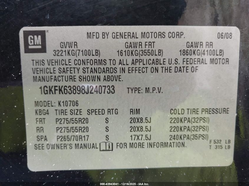 2008 GMC Yukon Denali VIN: 1GKFK63898J240733 Lot: 43943041
