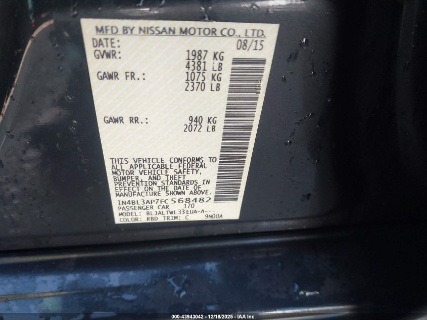 2015 Nissan Altima 3.5 S/3.5 Sl/3.5 Sv VIN: 1N4BL3AP7FC568482 Lot: 43943042