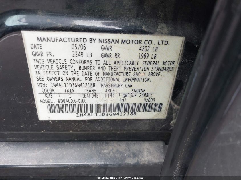 2006 Nissan Altima 2.5 S VIN: 1N4AL11D36N412188 Lot: 43943046