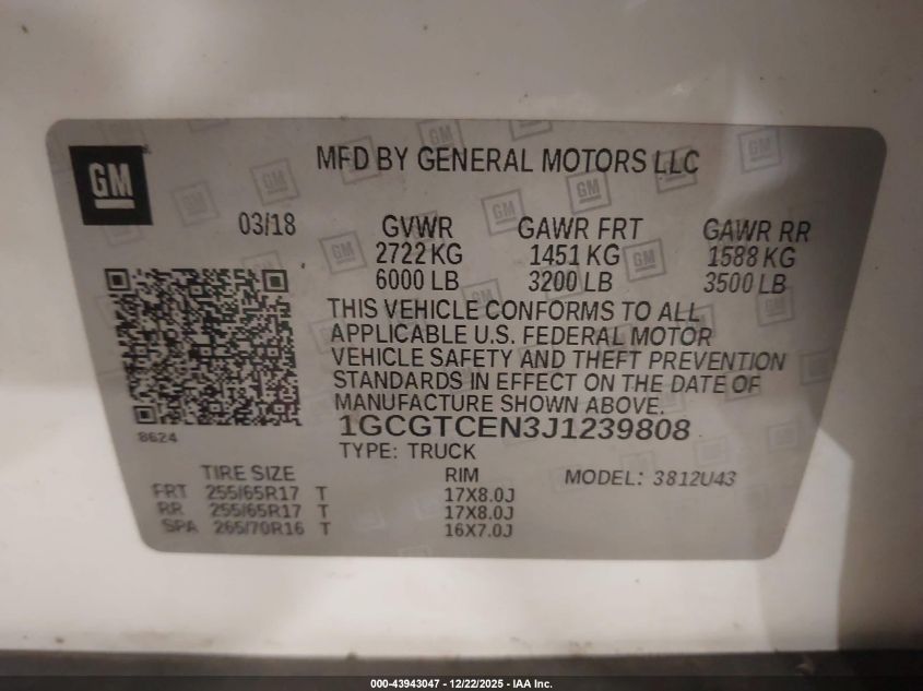 2018 Chevrolet Colorado Lt VIN: 1GCGTCEN3J1239808 Lot: 43943047