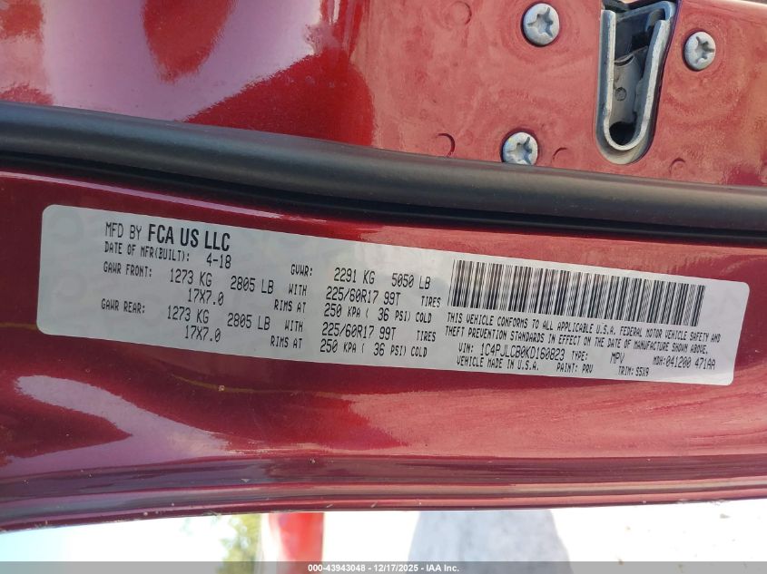 2019 Jeep Cherokee Latitude Fwd VIN: 1C4PJLCB0KD160823 Lot: 43943048