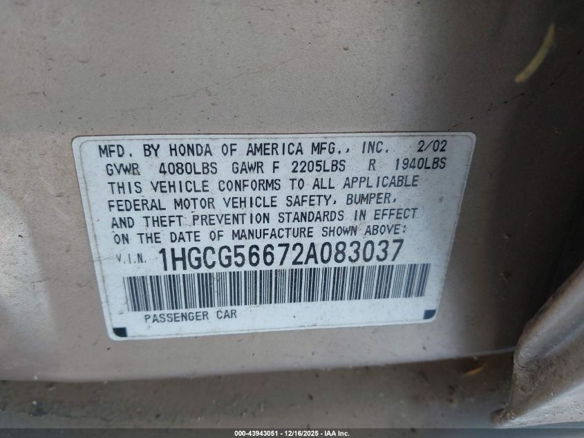 2002 Honda Accord 2.3 Ex VIN: 1HGCG56672A083037 Lot: 43943051