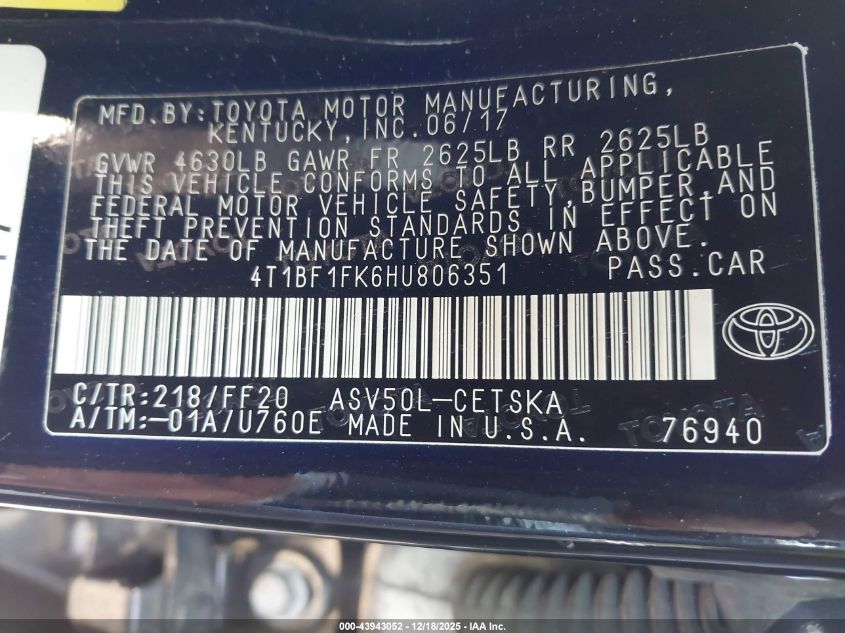 2017 Toyota Camry Se VIN: 4T1BF1FK6HU806351 Lot: 43943052