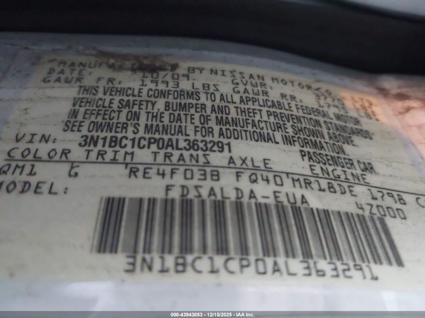 2010 Nissan Versa 1.8S VIN: 3N1BC1CP0AL363291 Lot: 43943053