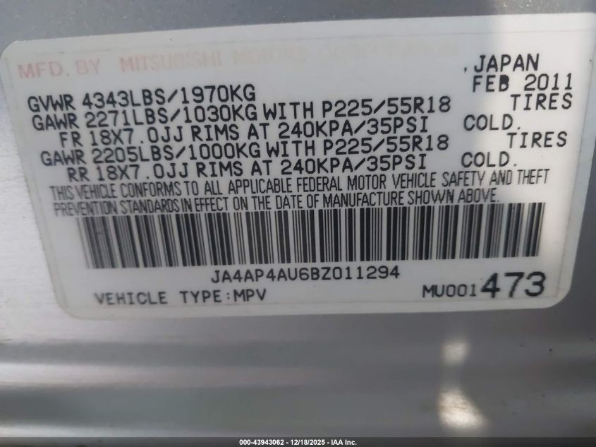 2011 Mitsubishi Outlander Sport Se VIN: JA4AP4AU6BZ011294 Lot: 43943062