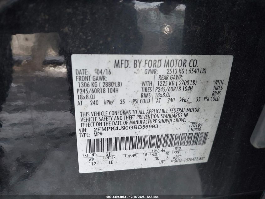 2016 Ford Edge Sel VIN: 2FMPK4J90GBB56993 Lot: 43943064