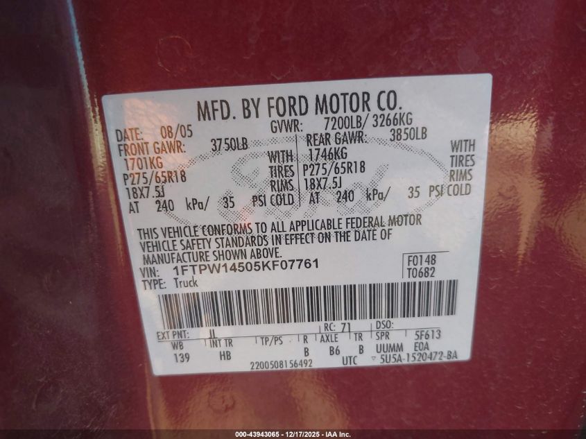 2005 Ford F-150 Fx4/Lariat/Xlt VIN: 1FTPW14505KF07761 Lot: 43943065