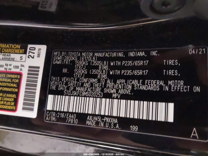 2021 Toyota Sienna Xle VIN: 5TDJSKFC8MS020253 Lot: 43943066