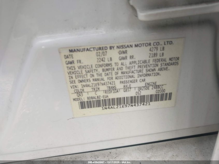 2007 Nissan Altima 2.5 S VIN: 1N4AL21E97N437421 Lot: 43943067