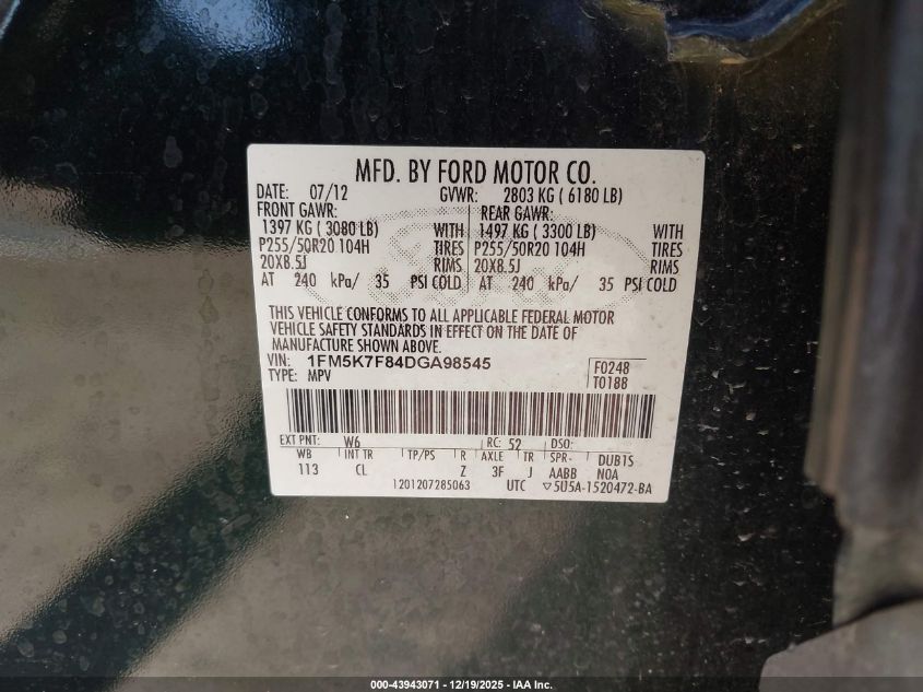 2013 Ford Explorer Limited VIN: 1FM5K7F84DGA98545 Lot: 43943071