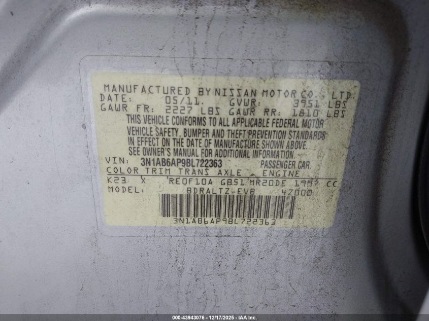 2011 Nissan Sentra 2.0S VIN: 3N1AB6AP9BL722363 Lot: 43943076