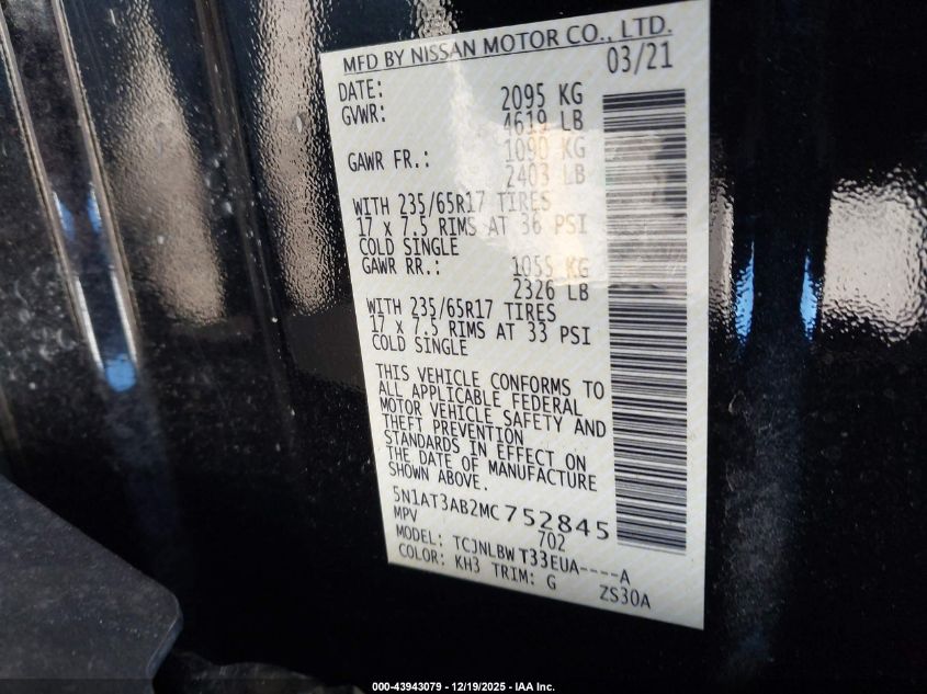 2021 Nissan Rogue S Intelligent Awd VIN: 5N1AT3AB2MC752845 Lot: 43943079