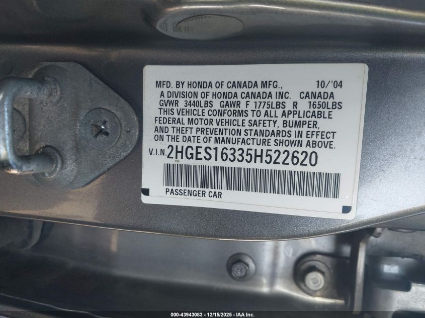 2005 Honda Civic Vp VIN: 2HGES16335H522620 Lot: 43943083