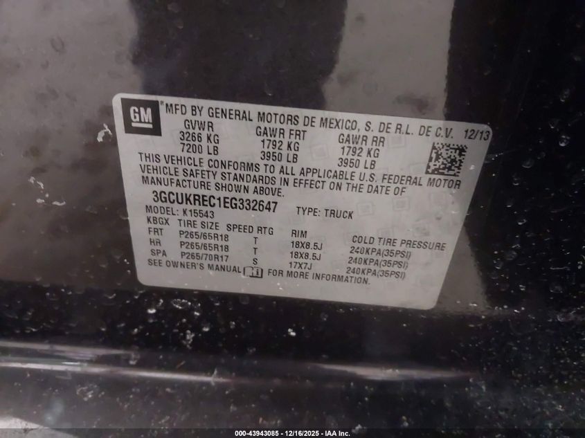 2014 Chevrolet Silverado 1500 2Lt VIN: 3GCUKREC1EG332647 Lot: 43943085