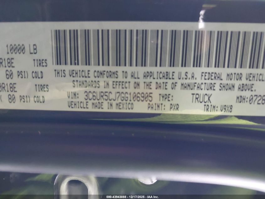 2016 Ram 2500 Tradesman VIN: 3C6UR5CJ7GG106905 Lot: 43943088